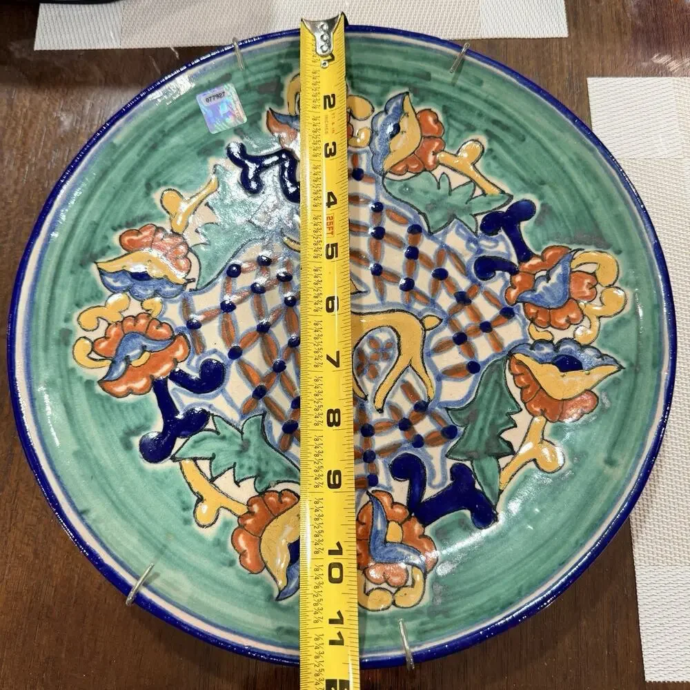 VTG Mexican Talavera Original Signed V. Perez 11” Deer Floral Plate Wall Decor
